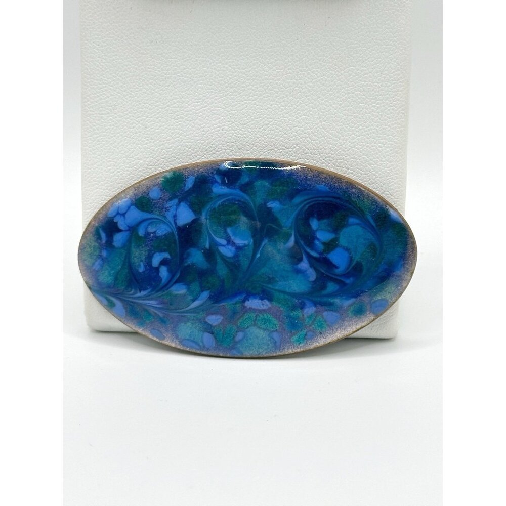Vintage‎ Inga Carlson Signed Enamel Oval Brooch Pin Blues Copper